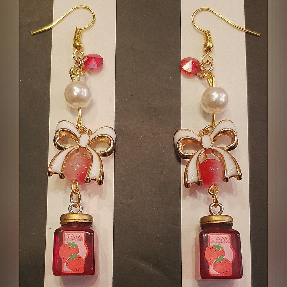 Handmade Cute Bows & Strawberry Jam Pendant Dangle Earrings
